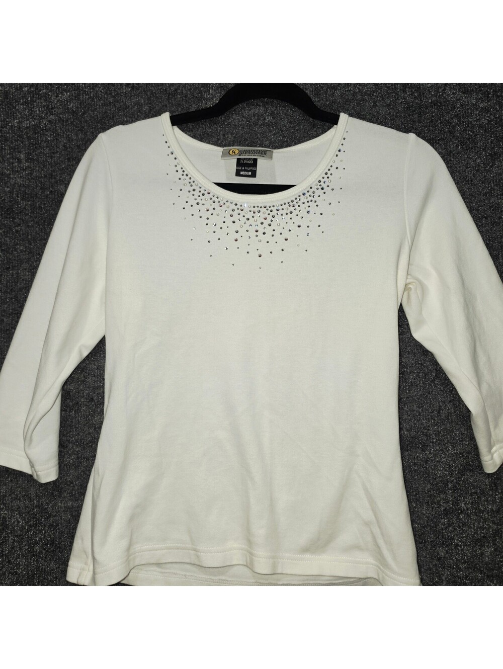 VS05. Vintage Christine Alexander Y2K Rhinestone Pearl White 3/4 Sleeve Top M
